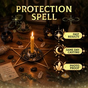 Pode incluir: Uma vela amarela acesa está num suporte circular no centro de um pentagrama de madeira. A cena inclui caldeirões pretos, cristais claros, pedras escuras e uma nota com o texto Protection from negativity, harm, jealousy, bad energy.