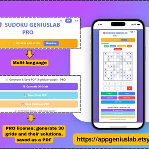 Può includere: Uno smartphone mostra l'interfaccia dell'app Sudoku GeniusLab PRO, con un puzzle Sudoku e varie opzioni di menu. Il testo include "Genera 30 Griglie" e "Salva Griglie PDF". L'URL di Etsy è anche visibile.