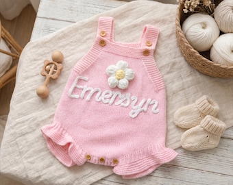 Pelele de algodón suave para bebé, mono con nombre bordado a mano, conjunto para la salida del hospital del recién nacido, regalo personalizado para niña, pelele de verano para bebé