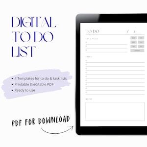 Könnte beinhalten: Eine digitale To-Do-Listen-Vorlage, die auf einem Tablet angezeigt wird. Der Bildschirm zeigt ein klares, minimalistisches Design mit Abschnitten für oberste Prioritäten, Aufgaben und Notizen. Der Text auf dem Bildschirm enthält "TO DO" und Tagesbezeichnungen. Das Bild zeigt auch den Text "DIGITAL TO DO LIST" und "PDF FOR DOWNLOAD".