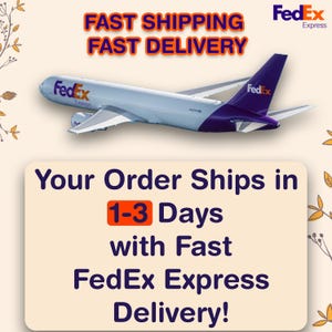 May include: A white and purple FedEx Express cargo airplane flying horizontally. The text reads: FAST SHIPPING FAST DELIVERY and Your Order Ships in 1-3 Days with Fast FedEx Express Delivery! The background is a light cream color with orange leaf accents.