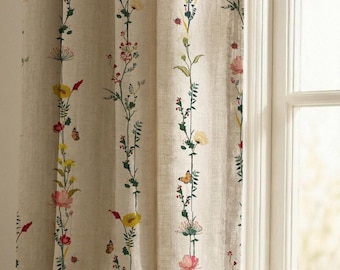 Wildflowers Linen Curtain Panel: Country Floral Window Drapes