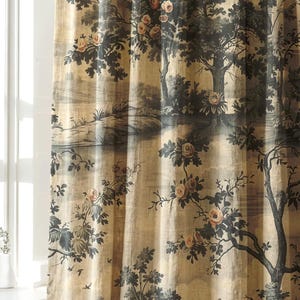 May include: A floor-length curtain featuring a printed landscape scene with dark green trees, foliage, and light pink flowers against a beige background. The fabric has vertical folds and a visible weave texture, depicting a pastoral outdoor setting.