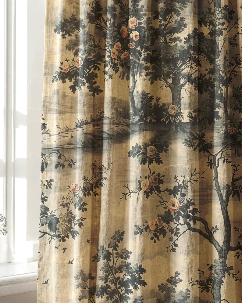 May include: A floor-length curtain featuring a printed landscape scene with dark green trees, foliage, and light pink flowers against a beige background. The fabric has vertical folds and a visible weave texture, depicting a pastoral outdoor setting.