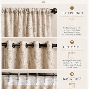 May include: An informational graphic titled CURTAIN HANGING STYLES displaying three options: rod pocket with gathered fabric, grommet with metal rings on a rod, and back tape with hooks. Each section includes a diagram and descriptive text.