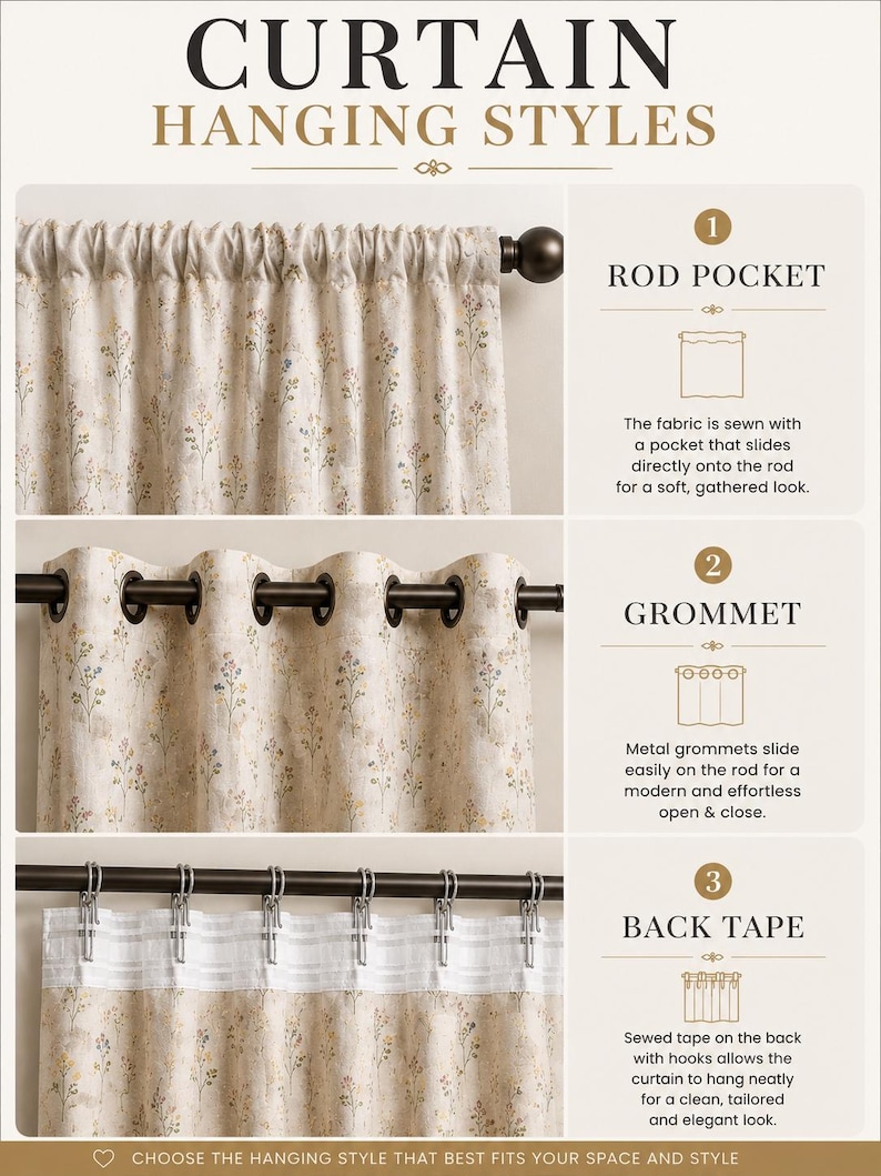 May include: An informational graphic titled CURTAIN HANGING STYLES displaying three options: rod pocket with gathered fabric, grommet with metal rings on a rod, and back tape with hooks. Each section includes a diagram and descriptive text.