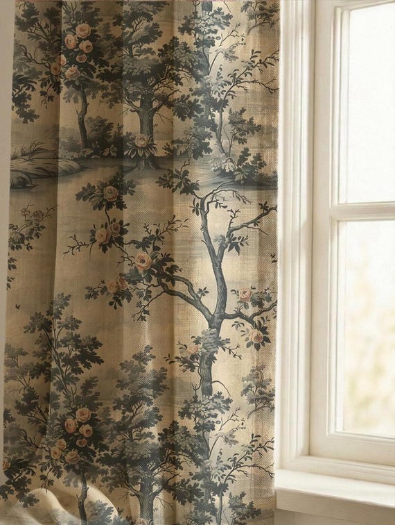 Vintage Country Paisley Floral Curtain, Romatic Toile de Jouy Linen Drape