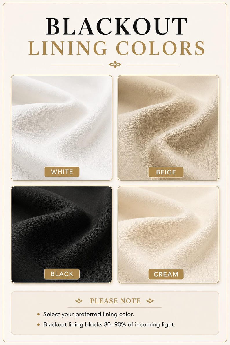 May include: A color chart titled BLACKOUT LINING COLORS displaying four fabric swatches in white, beige, black, and cream. The text below states: PLEASE NOTE. Select your preferred lining color. Blackout lining blocks 80-90% of incoming light.
