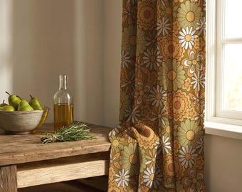 Cortina de lino con estampado floral de mediados de siglo: cortinas florales retro de los años 70