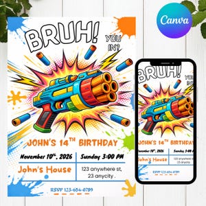 Nerf Birthday Invitation Template, Editable Kids Party Invite, Canva DIY Digital Download, Nerf Party, DIY texts, Instant download