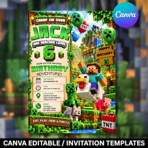 May include: A digital birthday invitation template featuring a blocky, pixelated theme. Text reads: Creep on over, Jack has reached level 6, join us for an epic birthday adventure, Saturday November 20, 3:00 PM to 6:00 PM, Jack's house, RSVP to Emly.