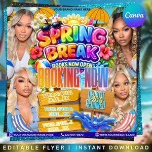 Könnte beinhalten: Ein farbenfrohes Flyer-Design mit der Aufschrift "Spring Break" in bunten Buchstaben. Es zeigt Bilder von Frauen, Sonnenschirmen und einem Strandball. Der Text enthält "Buchung jetzt" und "20% Anzahlung erforderlich."