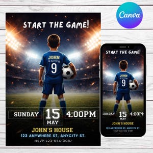 Puede incluir: Invitación de cumpleaños con temática de fútbol, con un niño con una camiseta azul con el número 9, sosteniendo un balón de fútbol. La invitación incluye el texto "START THE GAME!" y detalles del evento.