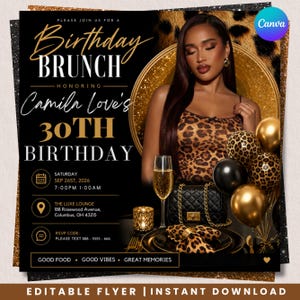 Puede incluir: Un folleto digital para un brunch de 30 cumpleaños con una persona con top de estampado de leopardo, bolso negro acolchado, copa de champán y globos. El texto dice: Please join us for a Birthday Brunch honoring Camila Love's 30th Birthday.