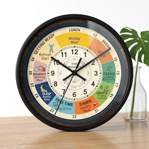 Puede incluir: Un reloj de pared redondo con marco negro y una esfera con un horario diario colorido. La cara muestra segmentos para actividades como desayuno, almuerzo, cardio, deportes y sueño, con etiquetas de texto como 'TIME MANAGER' y 'DINNNE'.