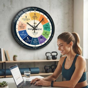 Puede incluir: Un reloj de pared redondo con marco negro que presenta un dial de gestión del tiempo de 24 horas. La esfera está dividida en segmentos coloridos etiquetados con actividades diarias como rutina matutina, almuerzo, trabajo y rutina nocturna.