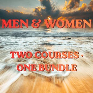 Könnte beinhalten: Ein Blick auf den Ozean bei Sonnenuntergang mit brechenden Wellen am Ufer. Der rote Text mit dunkler Umrandung lautet: MEN & WOMEN, TWO COURSES · ONE BUNDLE. Der Himmel zeigt orangefarbene und gelbe Wolken über dem Horizont des Meeres.