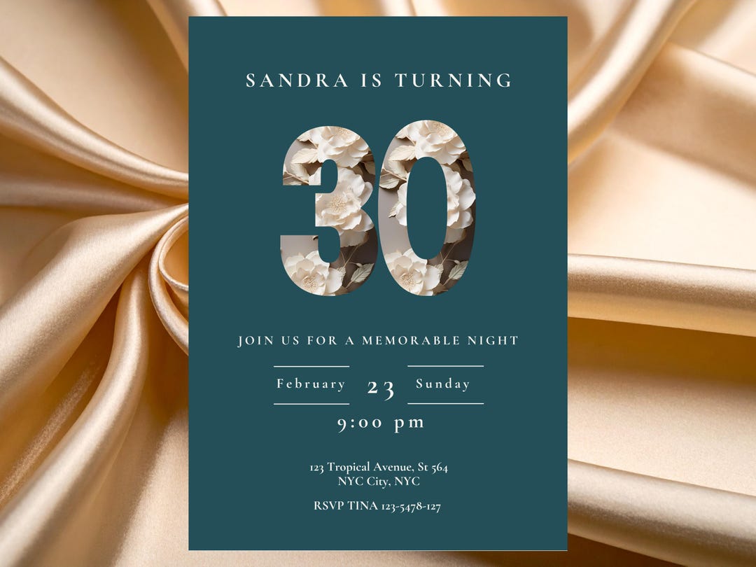 Elegant 30th Birthday Invitation Template, Teal Floral Birthday Invite ...