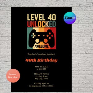 May include: Black invitation card with the text "LEVEL 40 UNLOCKED" and a game controller graphic. The card also includes details for a 40th birthday celebration, such as the date, time, and location.