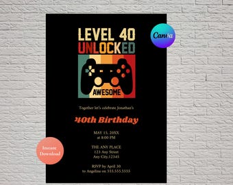 Può includere: Biglietto d'invito nero con la scritta "LEVEL 40 UNLOCKED" e una grafica di controller di gioco. La carta include anche i dettagli per una festa del 40° compleanno, come la data, l'ora e il luogo.