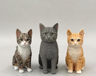 Brown Tabby Cat Figurine, Custom Pet Portrait Trio from Photo, Sitting Clay Set Gift