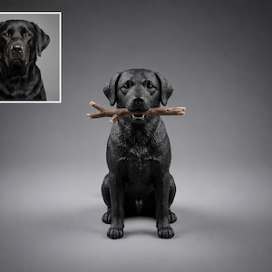 May include: A black Labrador retriever figurine sitting in an upright position, holding a brown textured wooden stick horizontally in its mouth. The dog has a smooth, dark coat, floppy ears, and a focused expression. A small inset photo shows a portrait.