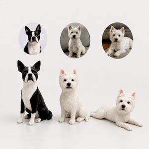 May include: Three dog figurines including a black and white Boston Terrier sitting upright, a white West Highland White Terrier sitting upright, and a white West Highland White Terrier lying down, accompanied by three circular reference photos.