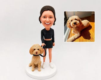 Woman with Poodle Mix Bobblehead, Custom Pet Portrait Figurine from Photo, Clay Sculpture