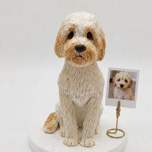 Könnte beinhalten: Eine skulptierte, cremefarbene und hellbraune Hundefigur, die auf einem runden weißen Sockel sitzt. Neben dem Hund befindet sich ein goldfarbener Metalldrahtständer, der ein kleines quadratisches Foto eines ähnlichen cremefarbenen Welpen hält.