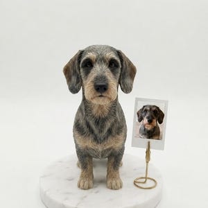 Puede incluir: Una figura de perro salchicha de pelo duro con pelaje gris, marrón y bronceado, de pie sobre una base circular de mármol blanco. Junto al perro hay un soporte de alambre metálico dorado que sostiene una pequeña foto cuadrada de la misma raza.