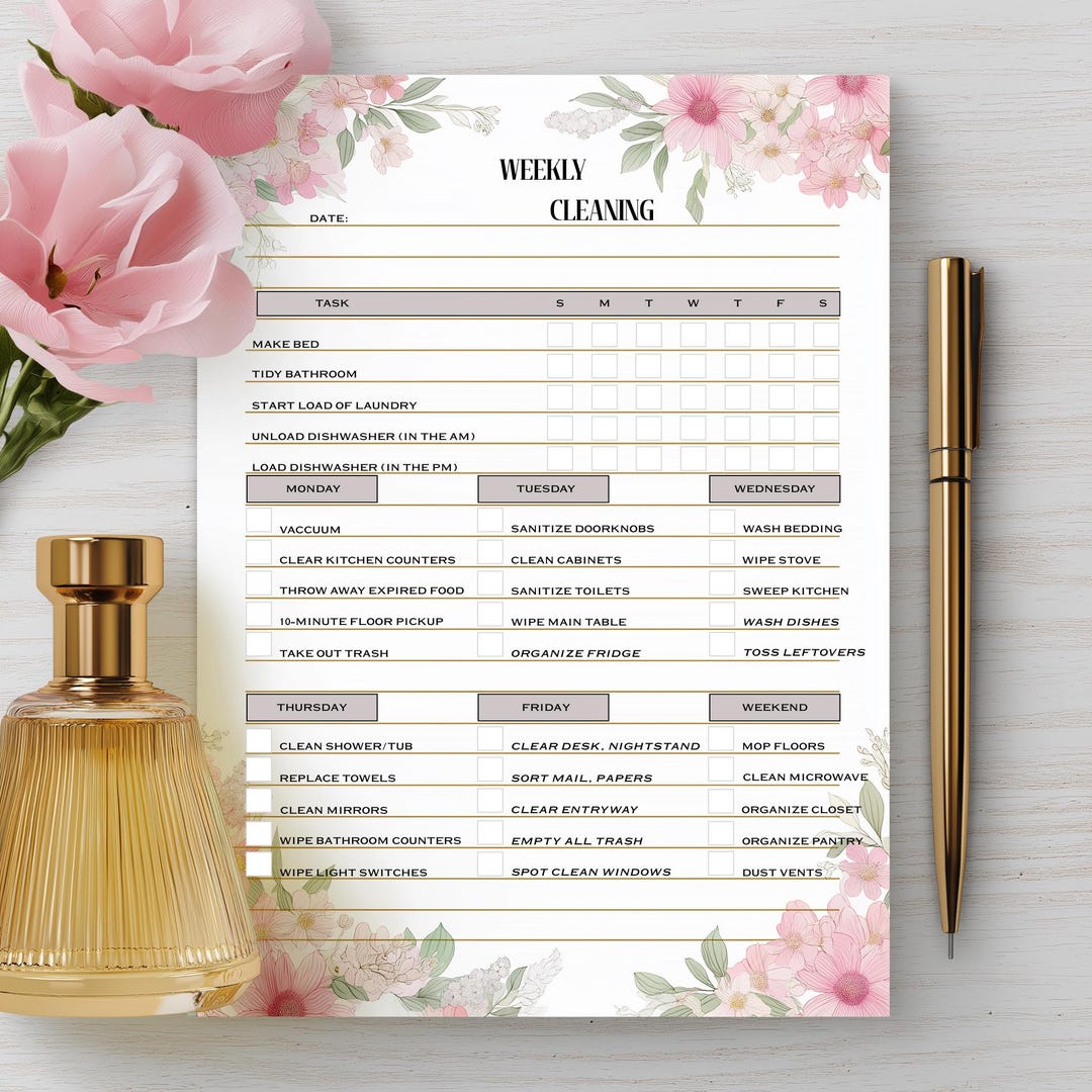 Weekly Cleaning Checklist | Floral Home Organizer (editable Canva ...
