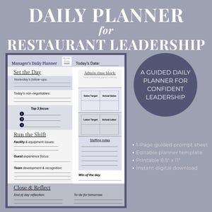 May include: A daily planner for restaurant leadership with a purple and white design. The planner includes sections for setting the day, running the shift, and closing and reflecting. Text includes "A guided daily planner for confident leadership."