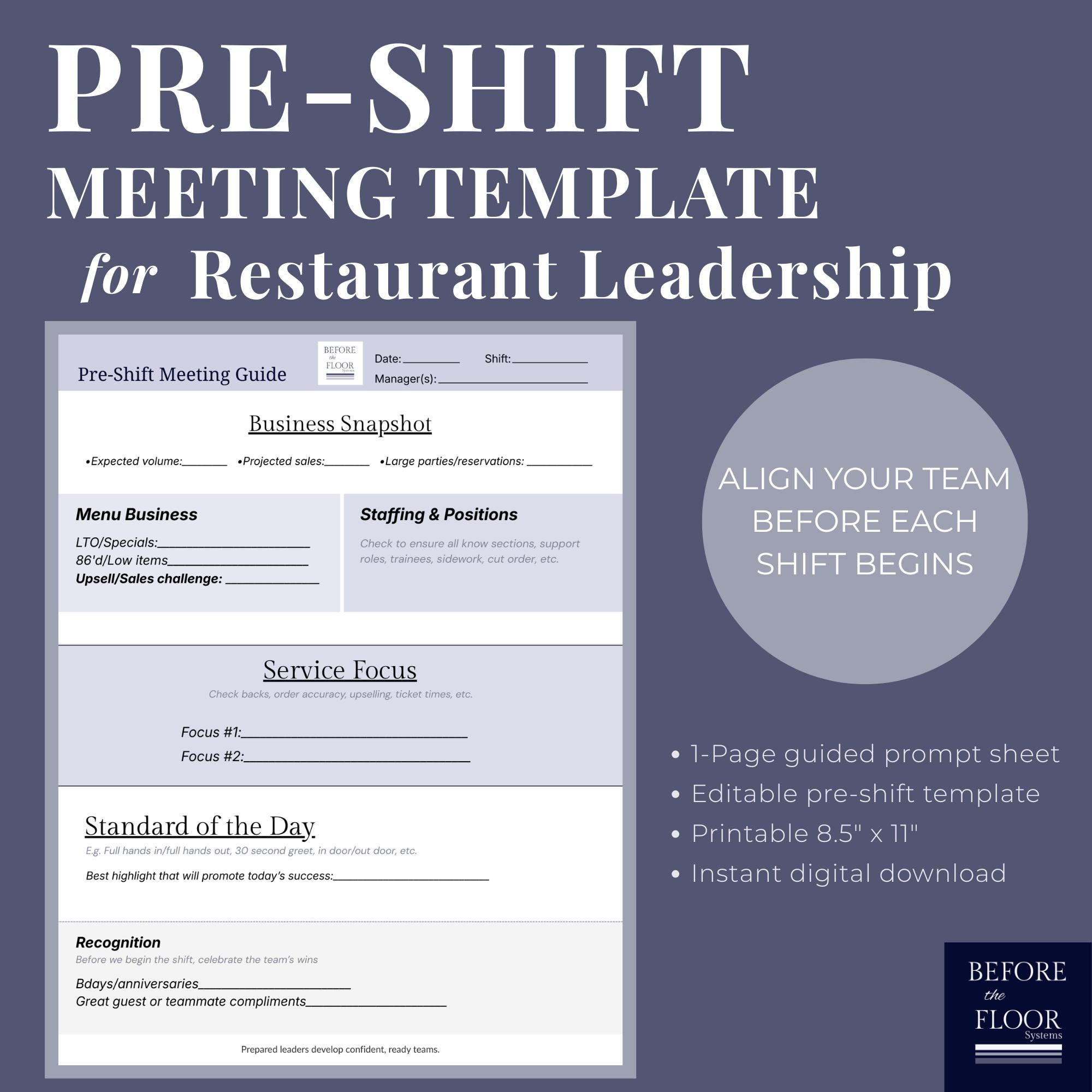 Restaurant Manager Daily Pre Shift Meeting Template - Etsy