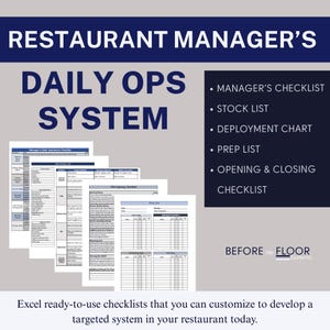 May include: A navy blue graphic with the text "RESTAURANT MANAGER'S DAILY OPS SYSTEM." The image includes a list of checklists and a stack of printed documents. The checklists include a manager's checklist, stock list, deployment chart, prep list, and opening & closing checklist.