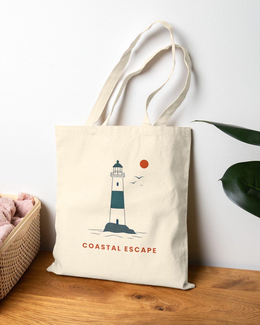 Coastal Escape Lighthouse Tote Bag, Coastal Lighthouse Gift, Minimalist ...