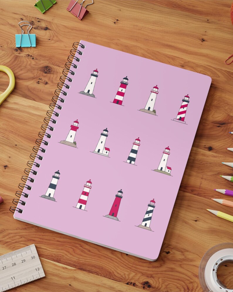 Pink Lighthouse Pattern A5 Wire-bound Notebook, Minimalist Coastal ...