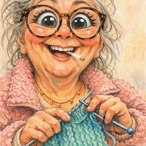 Pode incluir: Ilustração de uma mulher idosa com óculos, tricotando com lã azul. Ela usa um casaco rosa e um colar de ouro. Um cigarro está em sua boca e ela está sorrindo. A imagem é um desenho colorido e detalhado.