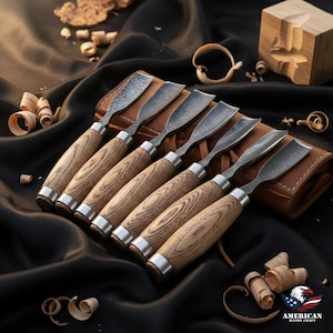 Handmade Carbon Steel Wood Carving Gouge Set | Ash Handles, Leather Roll