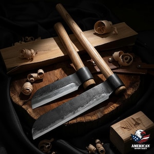 Hand Forged Carbon Steel Wood Froe Set, Ash Handles, Leather Covers