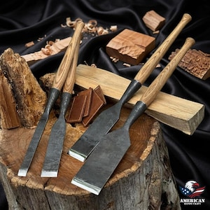 Hand Forged Timber Frame Chisels | Carbon Steel Blades, Ash Handles, Leather Sheath