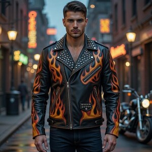 Peut inclure: Veste en cuir noire avec un motif de flammes orange et jaune, col et épaules cloutés, et fermeture éclair. La veste est portée avec un jean bleu foncé. Une moto est visible en arrière-plan.
