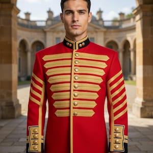 Peut inclure: Veste rouge de style militaire ornée de dorures. La veste présente des galons dorés sur la poitrine et les manches, avec des boutons dorés et un col noir avec des détails dorés. Cette veste formelle fait partie d'un uniforme militaire.