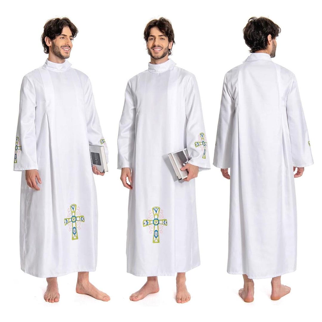 Embroidered Cross White Cotton Priest Robe – Clergy Cassock - Gift for ...