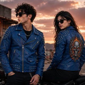 Matching Skull Leather Biker Jackets for Couples – Studded Blue Motorcycle Coats