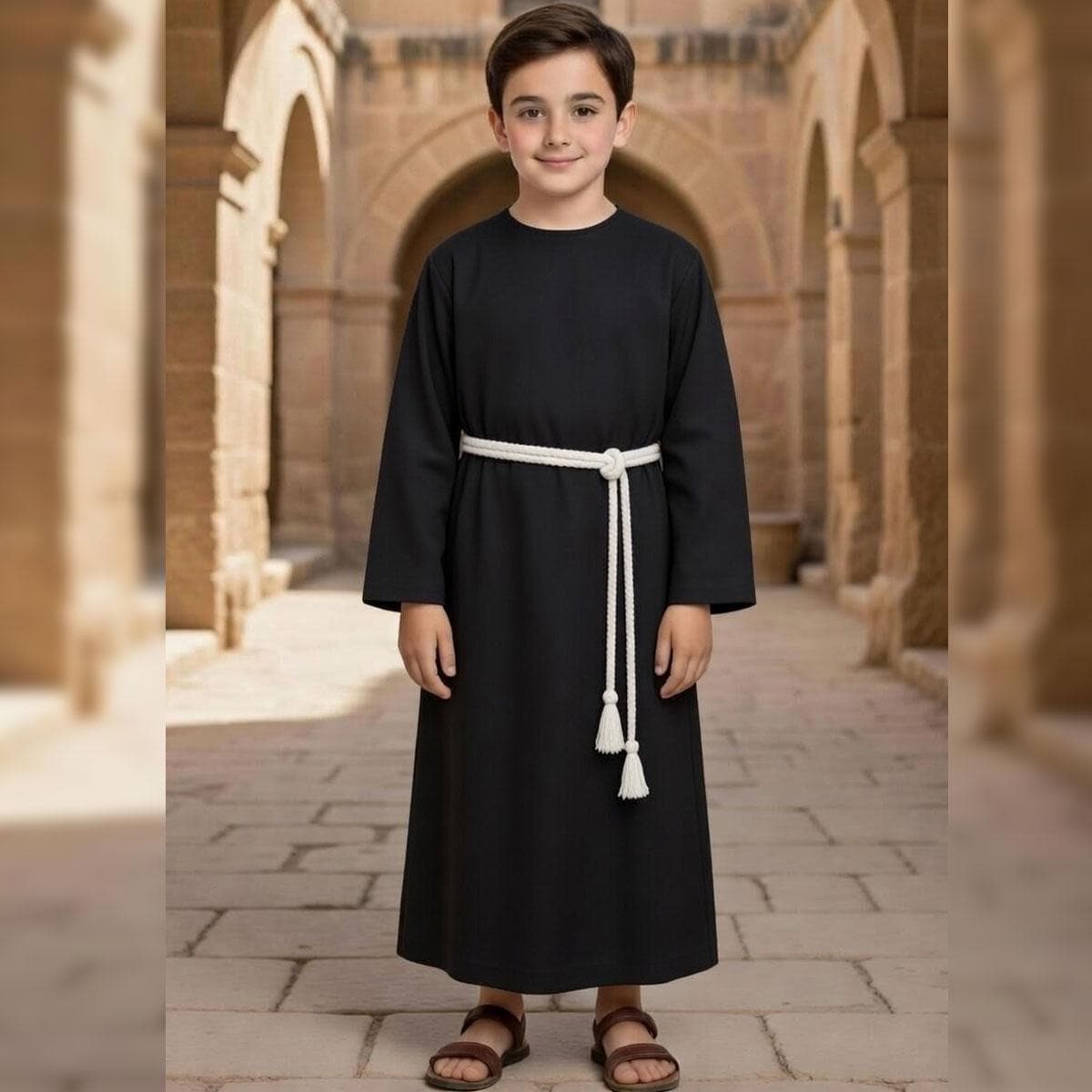 Boys Black Church Robe - Kids Biblical Costume Tunic with Rope Belt - Jesus Easter Robe