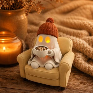 Könnte beinhalten: Eine kleine weiße Geisterfigur mit einer gerippten orangefarbenen Strickmütze mit Bommel, die in einem beigen Miniatur-Sessel sitzt. Der Geist hält eine weiße Keramiktasse mit Latte-Art-Motiv, wobei aus den Augen ein gelbes Licht leuchtet.