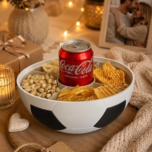Könnte beinhalten: Eine weiß-schwarze Snackschale in Fußballform mit mehreren Fächern, die Erdnüsse und Gitterkartoffelchips enthalten, sowie einer zentralen Halterung für eine rote Coca-Cola Original Taste Getränkedose.