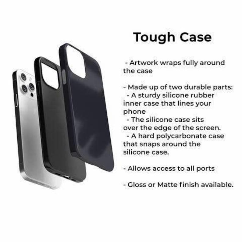 K&ouml;nnte beinhalten: Schwarze Handyh&uuml;lle mit gl&auml;nzendem Finish, gezeigt mit einem Handy und einer schwarzen Innenh&uuml;lle. Der Text "Tough Case" wird &uuml;ber einer Liste von Funktionen angezeigt, einschlie&szlig;lich vollst&auml;ndiger Artwork-Umh&uuml;llung und Zugriff auf alle Anschl&uuml;sse.