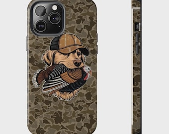Capa de celular vintage com estampa de camuflagem de aves aquáticas e cachorros, capa resistente para caça de patos.