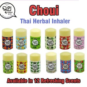 May include: A collection of twelve Thai herbal inhalers, each with a yellow cap and a cylindrical body. The inhalers feature various colorful designs and the brand name "Choui". Text on the inhalers includes "Thai Herbal Inhaler" and "Available in 12 Refreshing Scents."